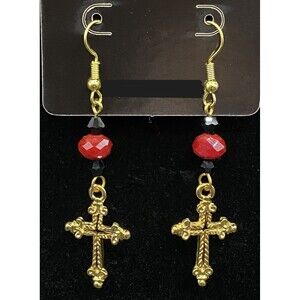 Handmade Cross with Red & Black Crystal Bead Gold Tone Earrings by Neanie-Bot